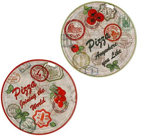 MamboCat Set med 2 pizzatallrikar Moskva & Rom grön och röd Ø 31,5 cm I vit porslinstallrik med motiv för servering för antipasti och tomatmozzarella I dubbelpack pizzaplatta, stor serveringstallrik