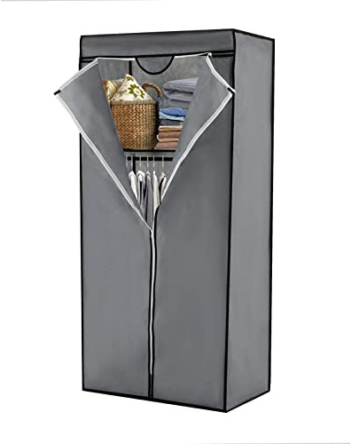 Youyijia Portable Fabric Closet with Hanging Rail, 158x68x45cm Foldable Grey Wardrobe