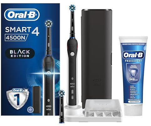 Oral-B Spazzolino Elettrico Ricaricabile Smart 4 4500 Nero, 2 Testine, 1 Custodia da viaggio, 1 Spazzolino +1 Dentifricio Pro-Expert Pulizia Profonda