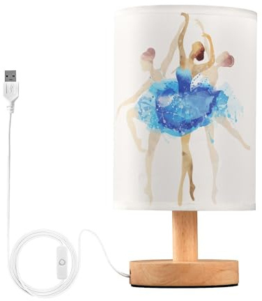 YYZZH Table Lamp Ballerina Ballet Dancer in Pastel Color Dancing on White Nightstand Lamp with Wood Base Fabric Lamp Shade Bedside Desk Lamp for Living Room Bedroom Kids Room Office
