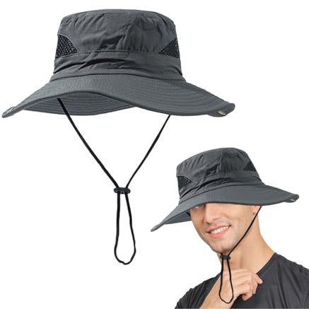 FUIPVGI Sonnenhut Herren, Breite Krempe Sommerhut Herren, Faltbar Mesh Boonie-Hüte mit Kinnriemen, Fischerhut Safari Hut Gartenhut UV Schutz Sonnenschutz Hut Sommerhut Wanderhut (Dunkelgrau)