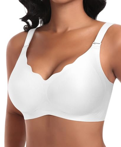 Ganado Damen Nahtloser BH Ohne Bügel Tiefem V-Ausschnitt gewellte Ränder Push Up BH Bralette Soft Bequem BHS Bügellos Bustier (Weiß-Vordere Welle, S)