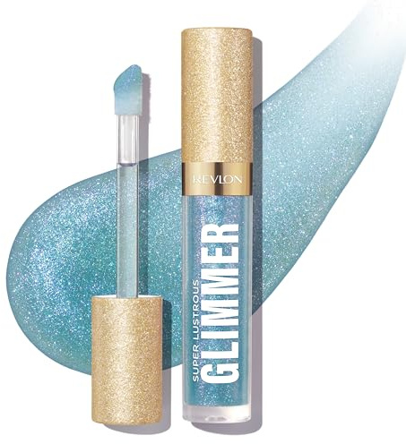 Revlon Super Lustrous Glimmer Gloss – Hydrating & Plumping Lip Gloss with Plant-Based Glitter, 3D Shimmer, 39% Hydration Boost & Oversized Applicator, Indigo Ice