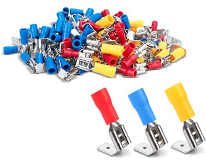 Innfeeltech 100 stycken PVC-isolerade mässingskremp-kabelskor, 50 st. Blå, 30 stycken röd, 20 stycken gul, för kabel 0,5 mm² till 1 mm², 1,5 mm² till 2,5 mm², 4 mm² till 6 mm²