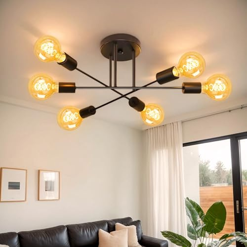 HUSTUNG 6-Armig Svart Takkrona - Taklampa Modern industriell design för vardagsrum/sovrum/kök/matsal (Utan lampor)