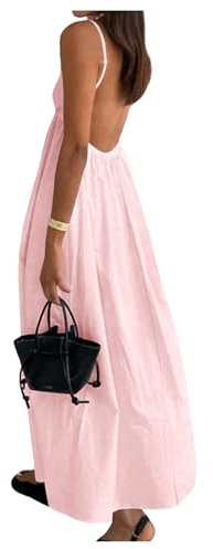 SOLY HUX Women's Summer Dress Backless V Neck Spaghetti Strap Loose Flowy Midi Cami Dresses Solid Light Pink Small