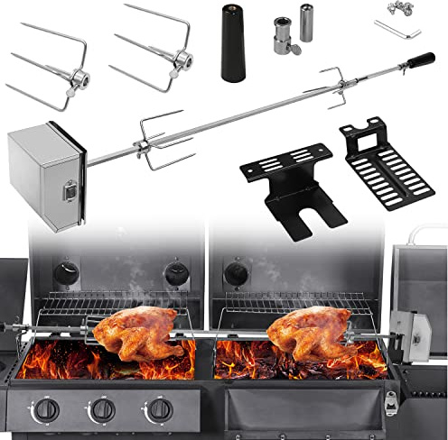 Hebitod Grillspettset, universell rotisserie med 2 x köttnålar BBQ köttklämma, handtag och motor av rostfritt stål, automatisk köttsvarvare för grill, ugn och camping