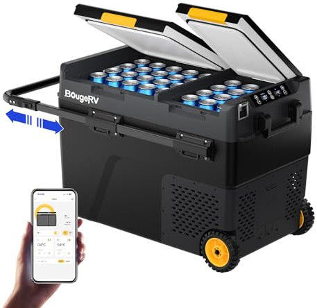 BougeRV CRD2 Kompressor Kühlbox 49L mit Gefrierfach Doppeltür Dualzonen (Verbesserter Alu-Griff) Auto Kühlbox mit Rollen 12V/24V 230V Camping Kühlschrank Auto Elektrisch mit APP Steuerung, -20℃~20℃