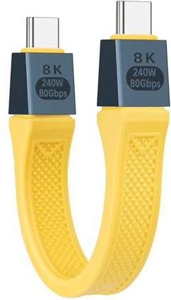 Seminer Câble plat court USB-C vers USBC 240W (13 cm), Compatible Thunderbolt 5/4 à 80 Gbit/s, Charge Rapide, OTG et Prise en Charge de L'affichage 8K pour tous les Appareils Type-C-Jaune