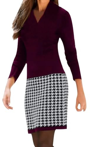 Générique Robe Femme élégante Manches Longues col V Robe de Travail habillée décontractée vêtement Professionnel pour Bureau Tenue stylée Confortable (Red, L)