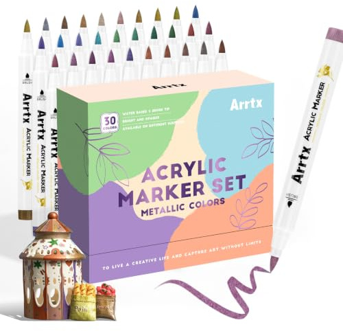 Arrtx Set med 30 vattenbeständiga metalliska akrylmarker för målning på sten, keramik, glas, duk, koppar, trä, påskäg och hantverk