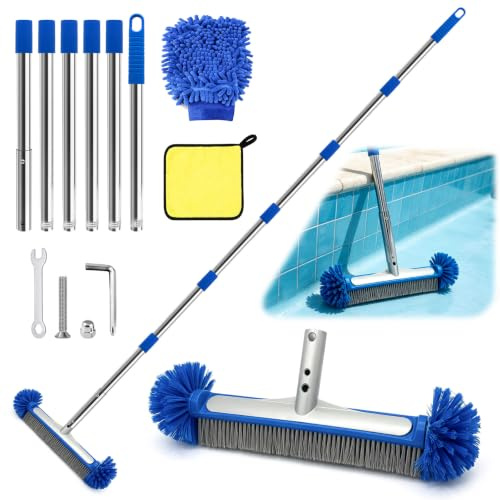 TZEKING Poolborste med stång 230 cm, Borste för rengöring av pooler 43 cm, Set med runda ändar, med böjda ändar, Borstels voor het schoonmaken van wanden, tegels en vloeren moeiteloos