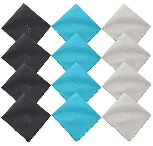KING OF FLASH Superfine Microfiber Cleaning Cloths For Mobile Phones, Glasses, Tablets, TV, Sunglasses, Screens, Camera Lens Cleaners - 12 Pack (15 x 18 cm) / Blue, Grey & Black