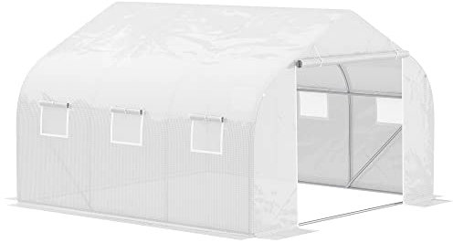 Outsunny Walk-In Polytunnel Greenhouse Warm House Garden Tunnel Shelter Plant Shed with Door and Windows, Galvanised Steel Frame, 4.5 x 3 x 2m, White