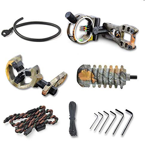 SHARROW Bogenschießen Zubehör Set Compoundbogen Upgrade Combo, Inklusive 5-pin Bogen Visier, Pfeilauflage, Bogen Stabilisator, Peep Sight, Bogenschlinge, D-Loop, Schraubenschlüssel (Camo)