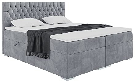 MEBLINI Boxspringbett mit Bettkasten - Gepolstert Doppelbett mit Matratze und Topper - Polsterbett mit Stauraum - Bett mit Kopfteil - Stauraumbett - Dalia - 200x200 - H3/Grau Samt