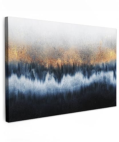 MuchoWow© Leinwand Groß 120x80 cm XXL Goldene Deko Schlafzimmer Aesthetic Leinwandbilder Wohnzimmer Gemälde Foto Geschenk Living Room Decoration Abstrakt - Bild Gold - Luxe - Blau