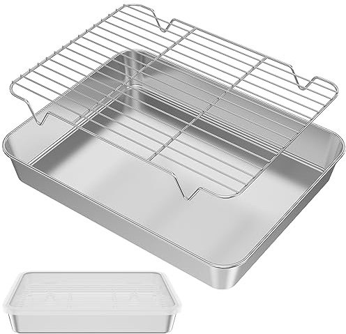 Rastrelliere in acciaio inox [1 vassoio + 1 rastrelliera + 1 coperchio], teglia antiaderente e rastrelliera, lavabile in lavastoviglie, teglia da forno con griglia di raffreddamento per forno,