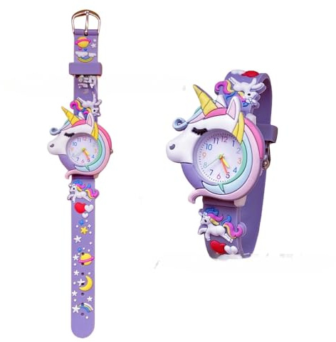 Fashion YOAnalogue Quartz Watch with Stainless Steel Strap Bracelet Cats Girls Toddler Watches Gifts for Kids Birthday Gifts (3D Unicorn Purple)