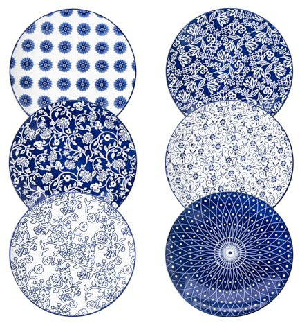 Cerkik Lot de 6 grandes assiettes plates en céramique de 26,7 cm pour cuisine, salade, pâtes, steak, pizza, crêpes, résistantes aux rayures, passent au lave-vaisselle, au four et au micro-ondes, bleu