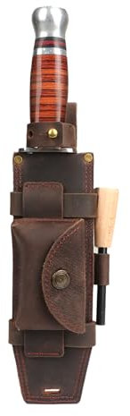 TOURBON Leather Fixed Blade Knife Sheath for Belt Straight Knife Holster with with Fire Starter Holder and Pocket