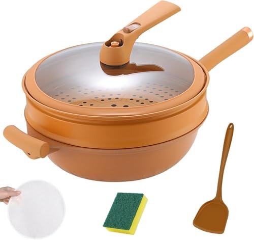 XINRUI Antihaft-Wok aus Keramik mit Glasdeckel und Dampfkorb, 12,6 Zoll großer mehrschichtiger Kochtopf, Mikrodruck-Tontopf mit Spatel und Reinigungszubehör