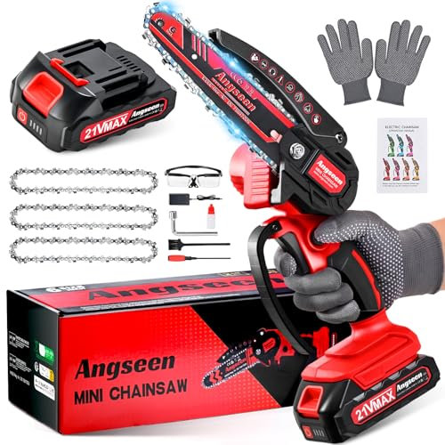 Angseen Mini Motosega a Batteria Per Potatura con 3 Catene, 850W 6 Pollici Sega a Batteria per Potatura con 1 Batterias e Blocco di Sicurezza, Motosega Elettrica Per il Taglio del Legno e Giardinaggio