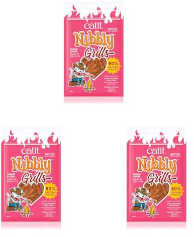 Catit Nibbly Grills Snack seco Saludable para Gatos, Tiras de Pollo masticables, Pollo y Gambas, 30g (Paquete de 3)