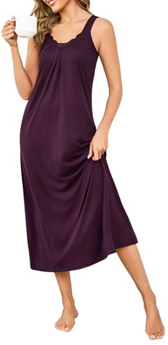 Uniexcosm Long Sleeveless Nightdresses for Women Cotton Nighties Lace V-Neck Ladies Nightshirts Long Nightwear Nightgown Sexy Negligees Loose Fit S-XXL Deep Purple