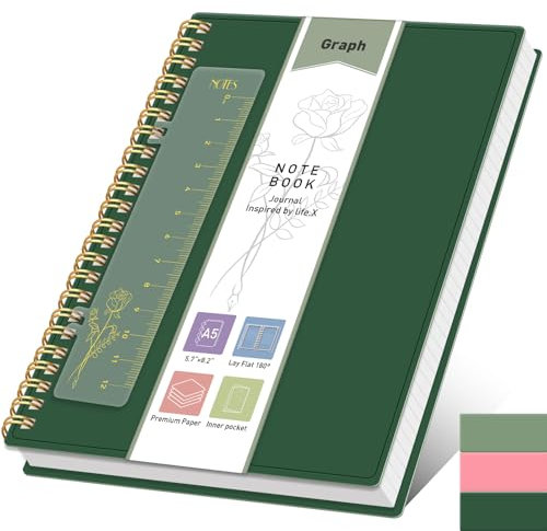 PYNEX Notizbuch A5 Kariert, Notebook, Notizblock Spiralbindung With 160 Blatt 100GSM, Tagebuch für Erwachsene,Schule - Dunkelgrün