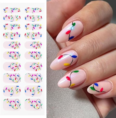 JMEOWIO Gel Nail Stickers Christmas Light Semi Cured Gel Nail Strips Wraps UV/LED Nails Art Design Decoration Accessories