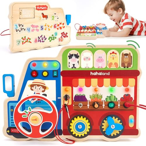 hahaland Juguetes Montessori Niños 1 año - 18 en 1 Busy Board de Madera con Luces LED y Interruptores, Motricidad Fina para Bebés Juguetes Sensoriales 1 2 3 años