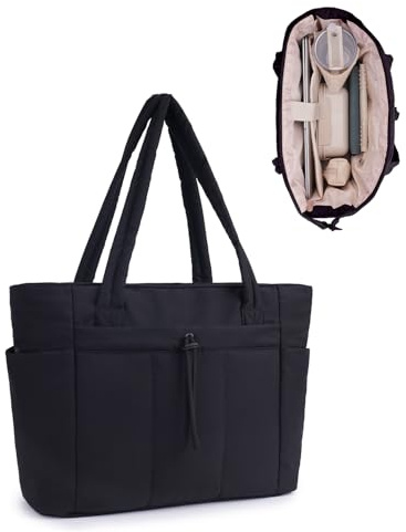 Handtasche Damen Tote Bag 27L Groß Gesteppt Shopper Tasche mit Laptopfach (17,3 Zoll) & Getränkehalter (40oz/1.18L), Ideal für Büro Schule Reisen Shopping, Schwarz (Patent Angemeldet)