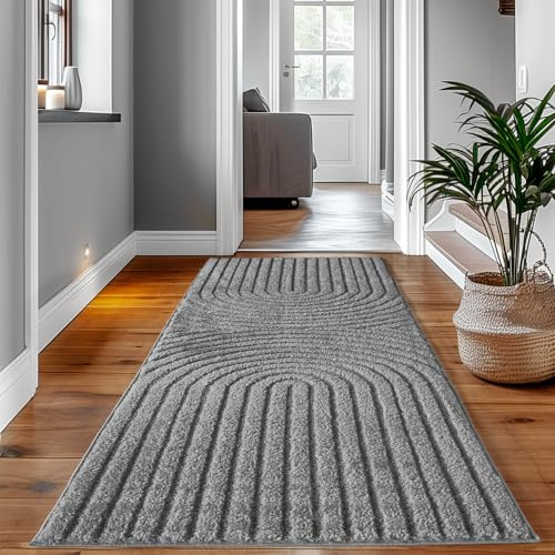 SIMPEX Teppich Läufer 80x250 cm Grau Hochflor Skandi Boho Design Hoch-Tief Effekt Weicher Shaggy Langflor Flauschig Pflegeleicht, Flur