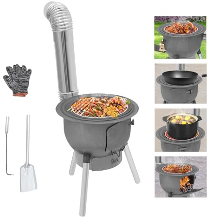 Multifunction Wood Burning Stove with 3 Grill Rings, Max Outer Diameter 16.9 in Camping Wood Stove with Chimney Pipes & Gloves, Steel Tent Stove for Outdoor Heating & Cooking, Ice Fishing, Hunting