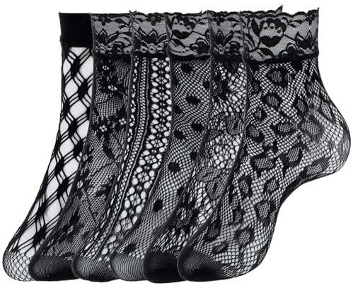 DOPENSPI 6 pares de calcetines de malla, medias cortas de encaje sexy, calcetines de tobillo de malla de pescado, calcetines finos de nailon de moda, calcetines de encaje con volantes para mujeres y