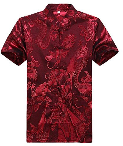 G-LIKE Chinesische Kleidung Drachen Jacke - Traditionelle Tangzhuang Kostüme Kampfkunst Kung Fu Tai Chi Qigong Kurze Ärmel Stehkragen Uniform für Männer Frauen (Rot, XL)