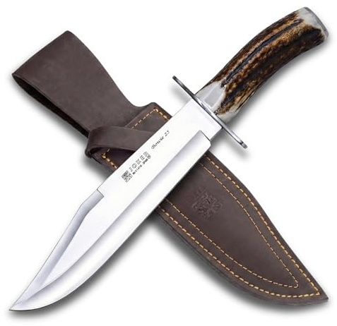 Joker Jagdmesser CC101 Bowie 25, Hirschhorngriff, Gürtelmesser mit 25 cm MOVA Stahlklinge, braune Lederscheide, Werkzeug zum Angeln, Jagen, Camping und Wandern