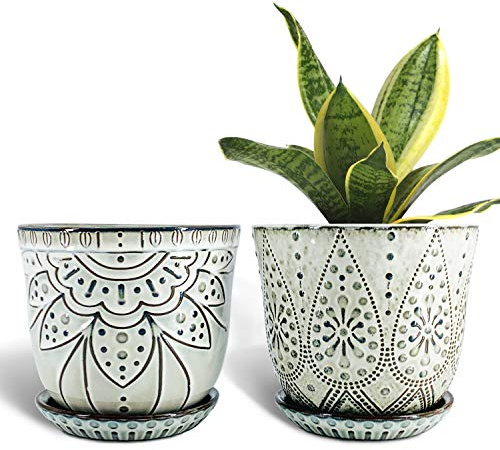 6 Inch Beaded Ceramic Planter Set of 2 with Drainage Hole and Saucer for Plants, Indoor-Outdoor Large Round Succulent Orchid Pot (Smoked White)