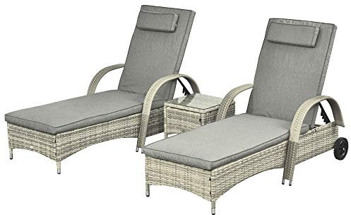 Outsunny Sonnenliege Gartenliege Tisch 3er-Set Gartenmöbel, Polyrattan+Metall Grau