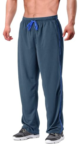 EKLENTSON Tracksuit Bottoms Men Loose Fit Joggers Mesh Pants Zipped Pockets Straight Leg Activewear Trousers Blue Grey