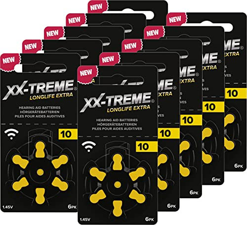 XX-Treme Longlife Extra Hearing Aid Batteries Type 10-60 Pieces Hearing Aid Batteries Designed for Highest Performance,Pack of 10 Blisters of 6 Hearing Aid Batteries,PR70 Colour Code Yellow 1.45 Volt