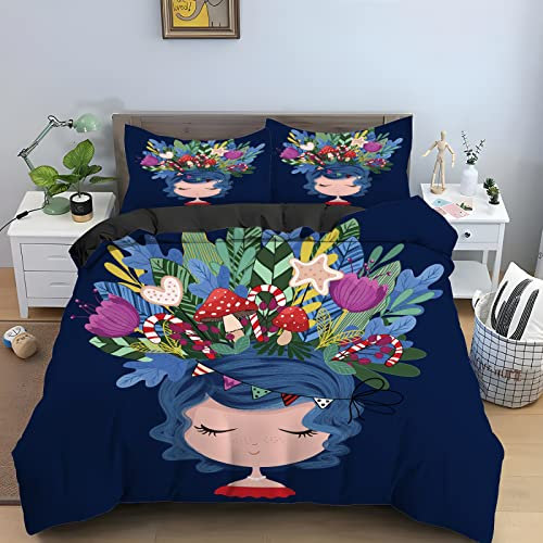 Housse de Couette 240 x 260 Blue Girl Print Housse de Couette Microfibre 3 Pièces Parure de Lit 1 Housses de Couettes + 2 Taies Oreiller 50x75cm Souple Linge de Lit et Oreillers