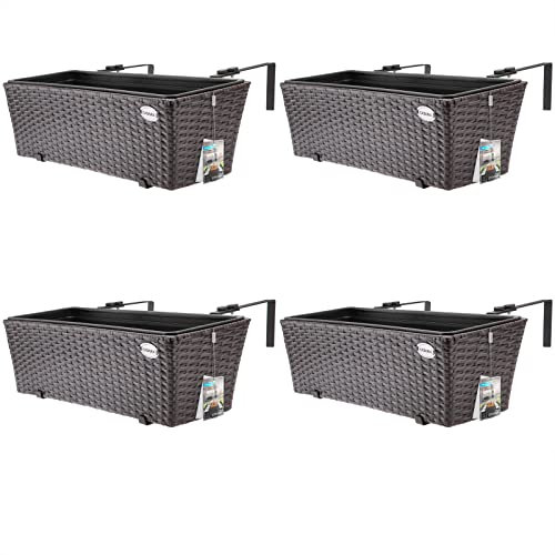 CASARIA® Set of 4 Flower Boxes | Weatherproof Rattan | Hangable with Mounting Brackets | Floating Planters Balcony | Windowsill | Railing | Gate | Fence | 60x20x19cm | 11 L | Brown