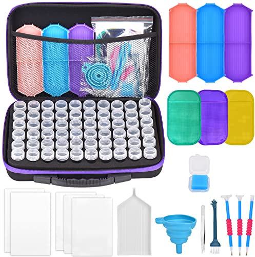 Queta 60 Compartments Diamond Painting Storage Box 5D Diamond Embroidery Sorting Box with Portable Eva Box Storage with Funnel Plate Funnel, DIY Craft with Quick Point Pen, Sticker Tweezers (Blue)