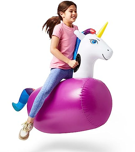 Hearthsong Hop N Go Inflatable Unicorn Riding Bouncy Hopping Toys for Kids Ages 5+ - Ride On Bouncer Animal Hopper Jumping Toys for Outdoor Games