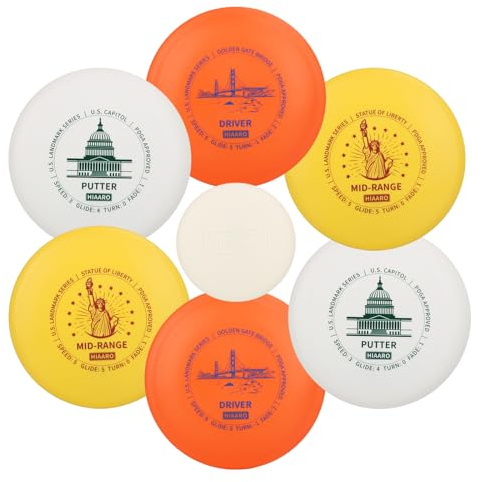 HIAARO Set di dischi da golf per principianti, serie US Landmark, classe 150, 145-150 g, approvati PDGA, include 2 driver, 2 medi, 2 putter e 1 mini pennarello