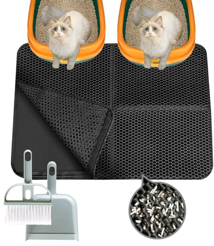 PURIMADE 76 * 56CM Cat Litter Mat Litter Trapping Mat with Dustpan & Brush Set EVA double layer Litter Box Mat，Extra Large Foldable Washable Honeycomb Cat Litter Mat Cat Accessories for Indoor Cats