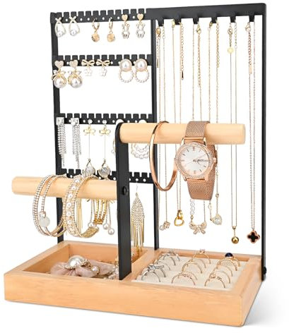 Damcyer Espositore Gioielli 5 Livelli Portagioie, da Tavolo Portacollane per Gioielli Per Orecchini Collane, Anelli, Bracciali, Orologi, Nero