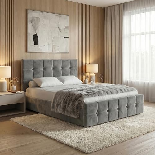 Blisswood 4ft Small Double Ottoman Bed Frame, Velvet Upholstered Storage Bed, Gas Lift End Opening Bed Frame with Wooden Slats, Heavy Duty Metal Support Base, Space Saving Under Bed Storage, Dark Grey